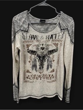 Y2K Daytrip Cowboy Embellished Long Sleeve Raglan Top Large Western Grunge